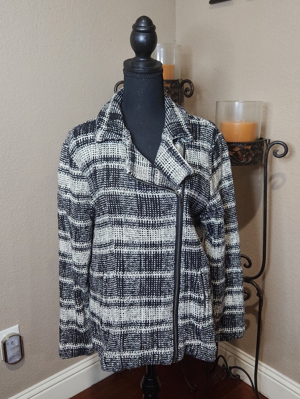 Lucky Brand Harper Tweed Black & Gray Plaid Asymmetrical Moto Zip Jacket Size 1X